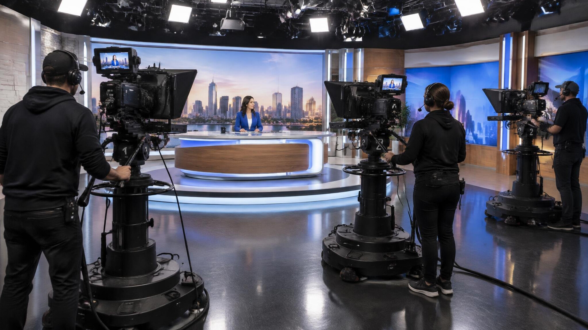 Broadcast studio set with multiple cameras positioned for a live shoot