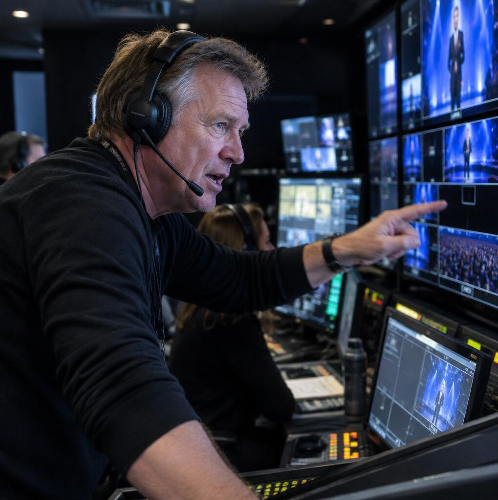 Director calling shots into a headset during a live show
