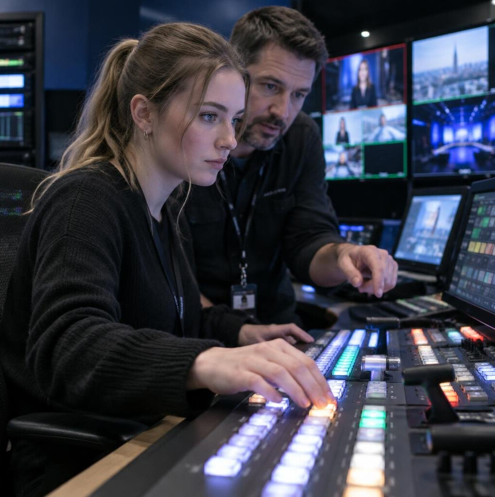 Trainee practising on a vision mixer switcher panel