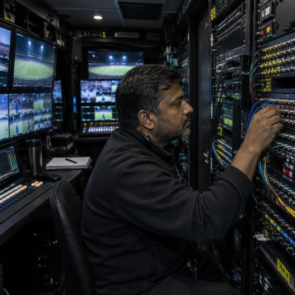 Outside broadcast crew working inside a production truck