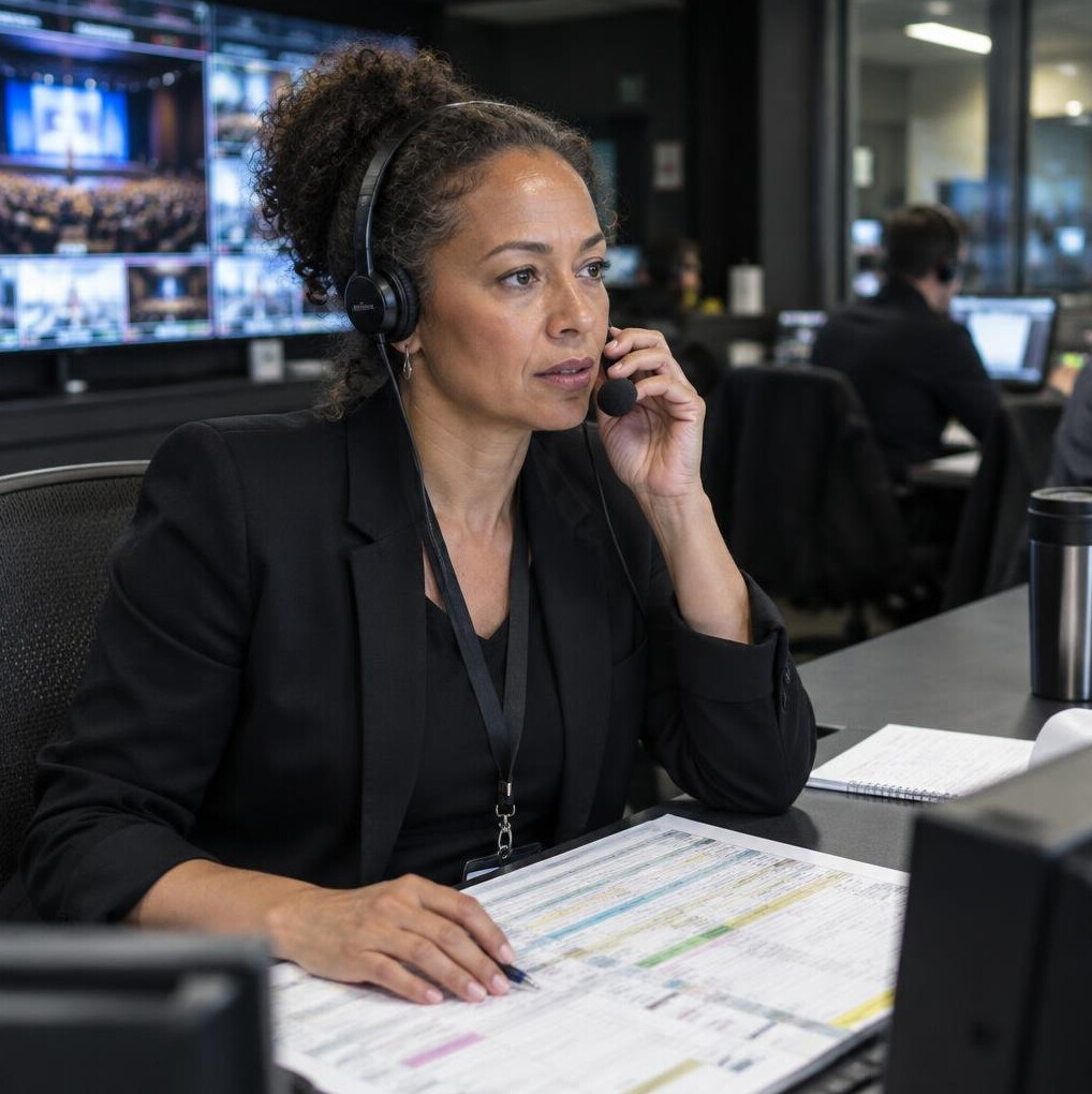 Production manager coordinating crew from a control room desk