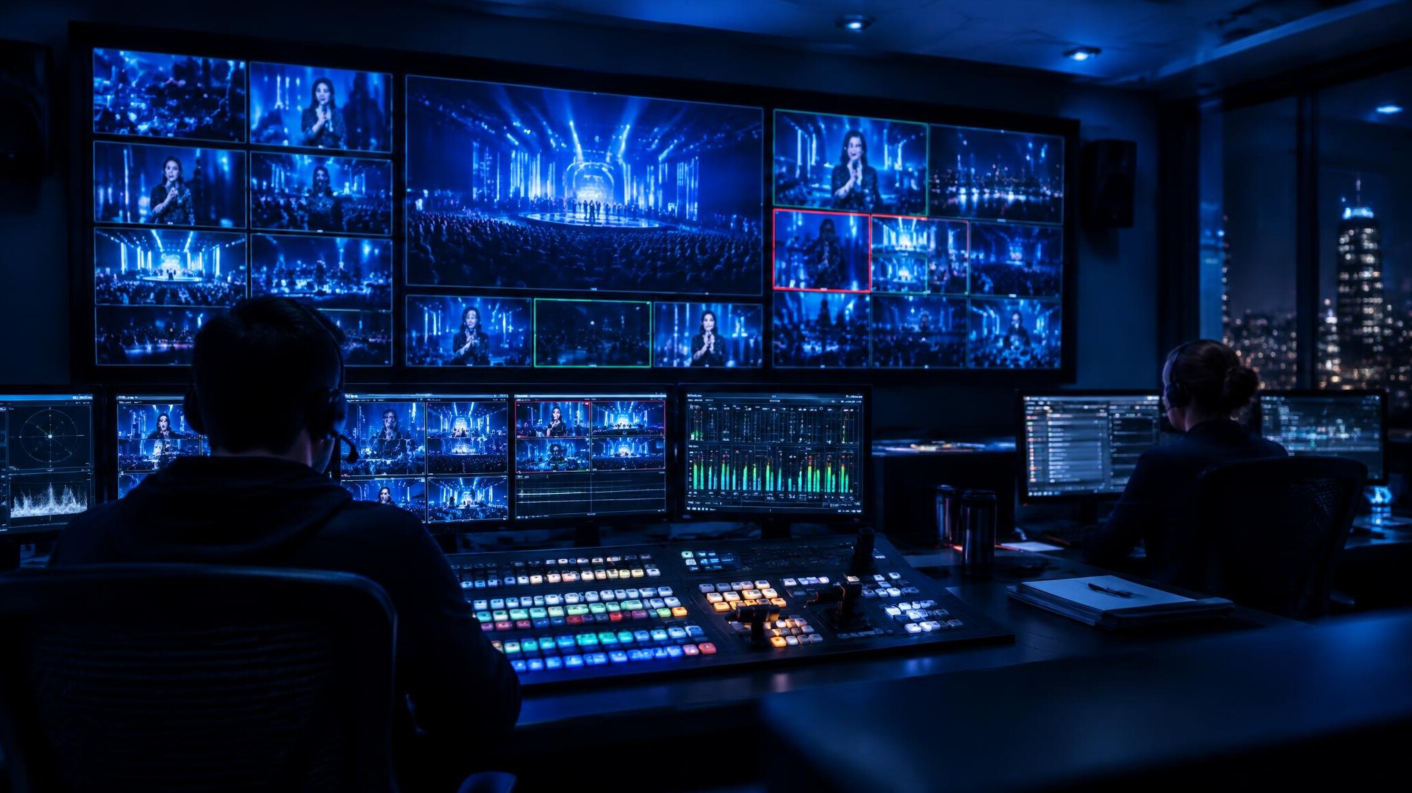 Television control room with a wall of live camera monitors