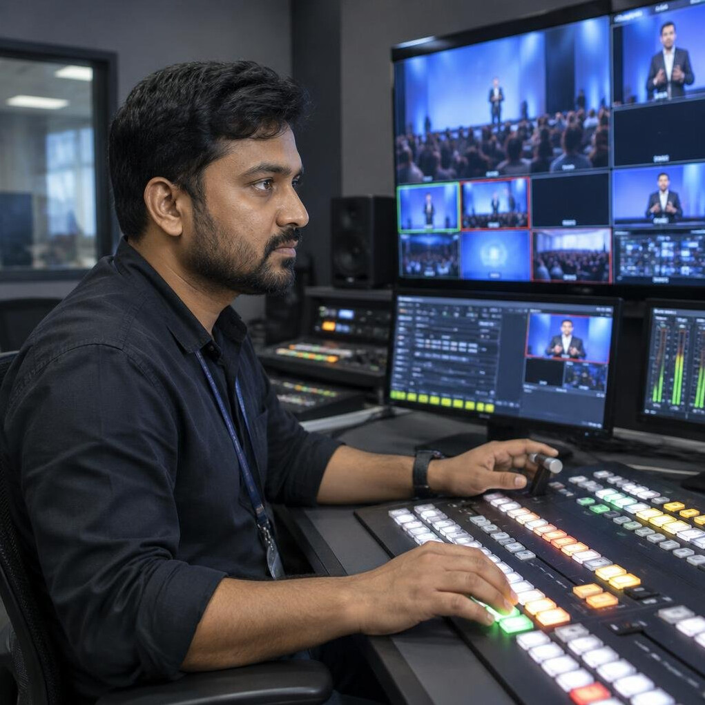 Video engineer switching between multiple camera feeds on a vision mixer