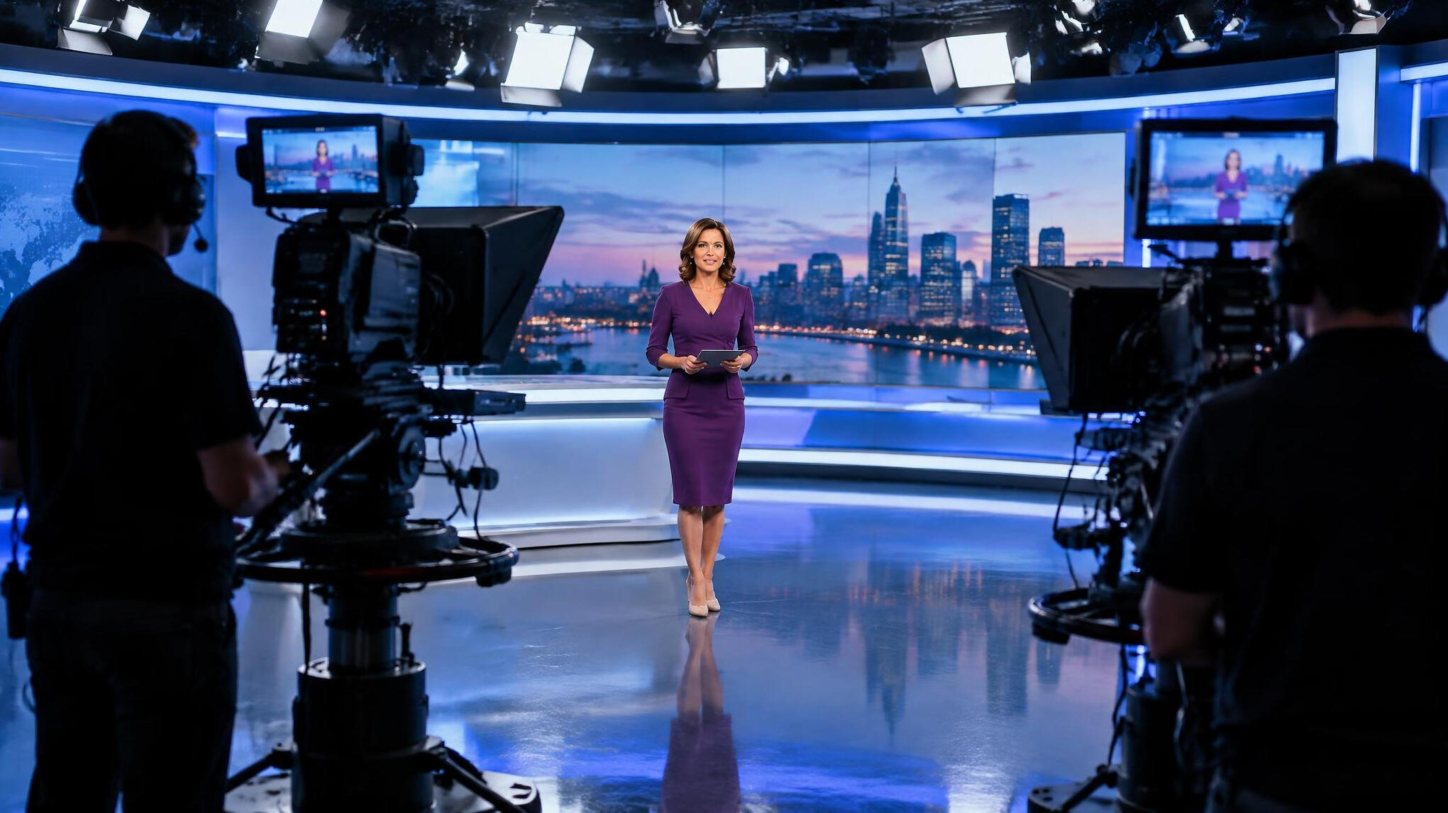 Live television broadcast in progress inside a studio gallery