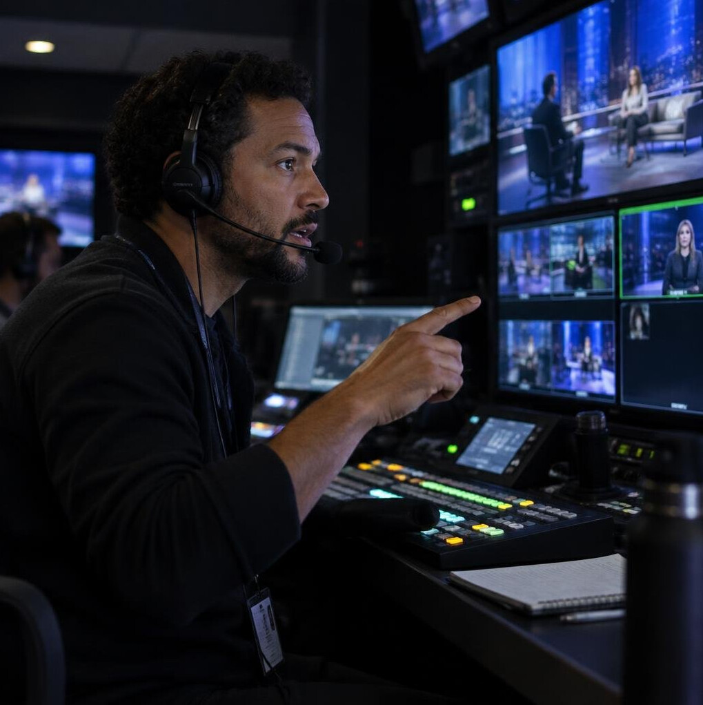 Director calling camera shots on a headset in a control room