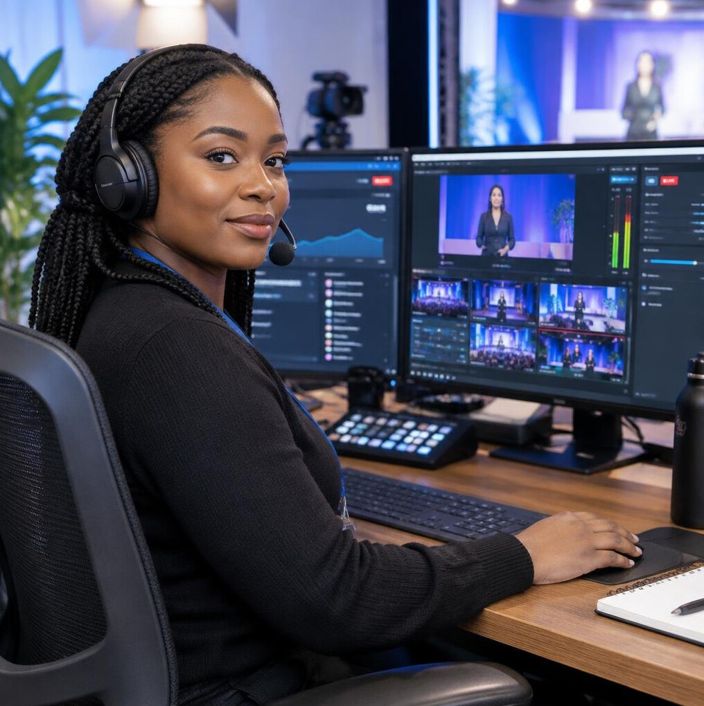 Streaming production setup with cameras and a live encoder