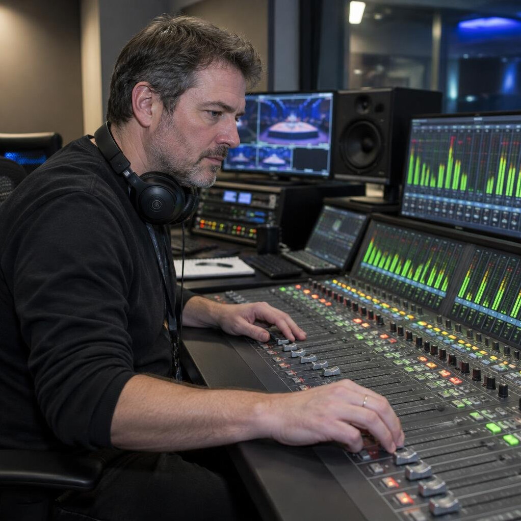 Audio and vision engineer working at a broadcast mixing desk